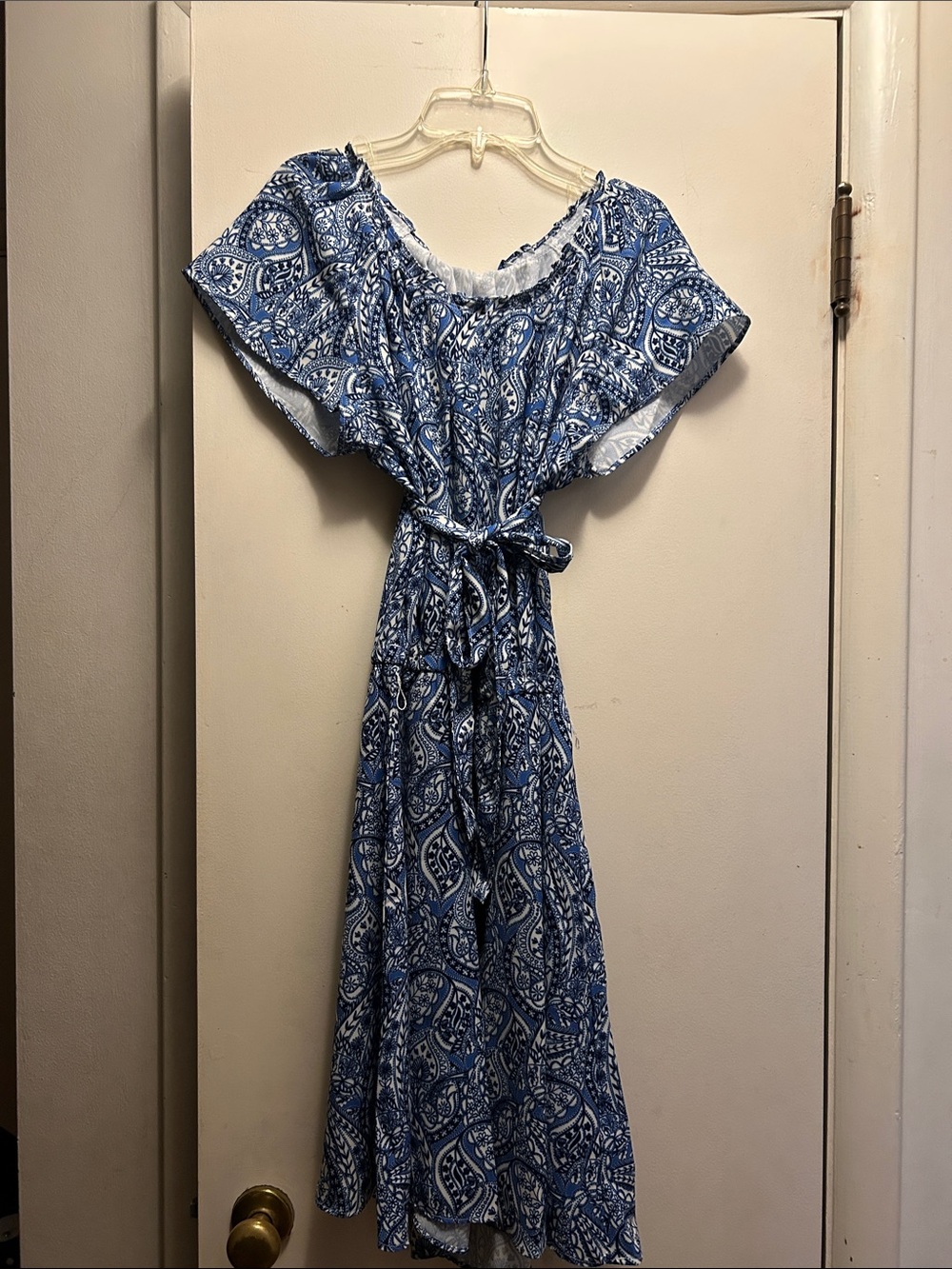 Chaps Blue Patterned Off-Shoulder Maxi Dress with Waist Tie